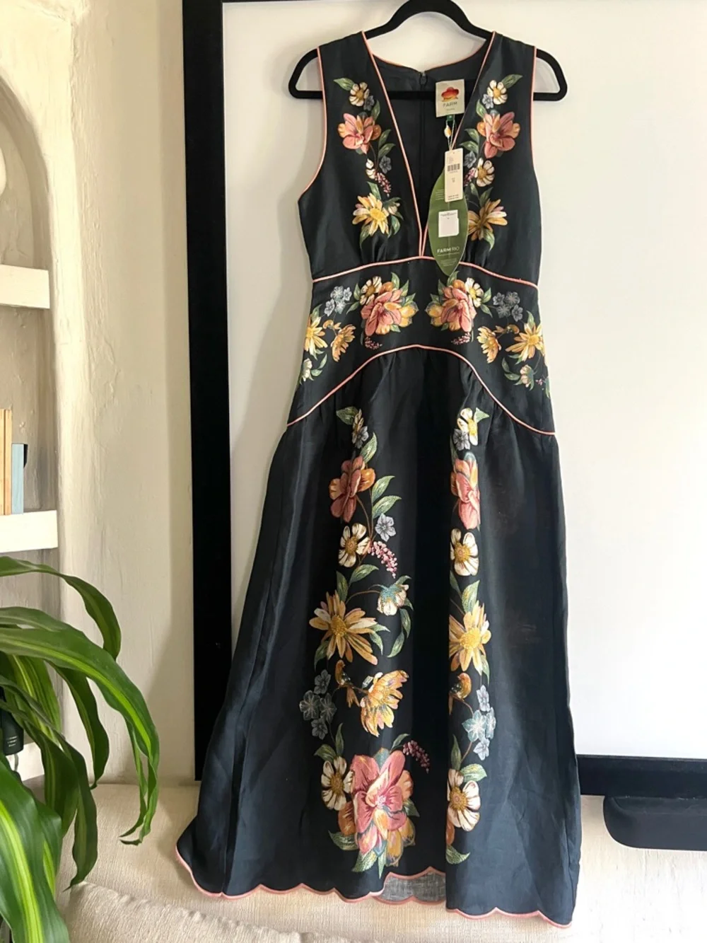 FARM Rio Maira Floral Dark Blue Linen Midi Dress Size Medium NWT - Picture 11 of 16
